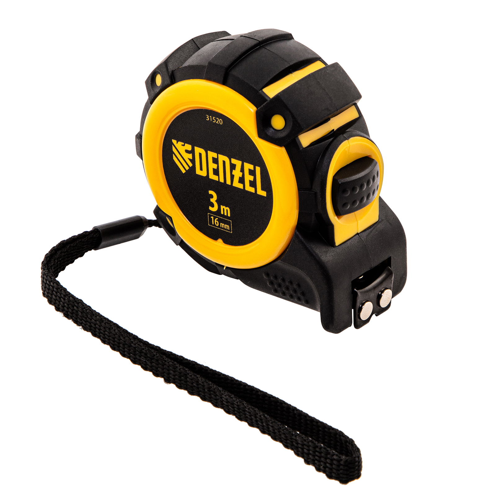 Рулетка 3м х 16мм, автоматич. фиксац., нейлон. покрытие, магнит. зацеп, двухстор. разметка Denzel (31520)