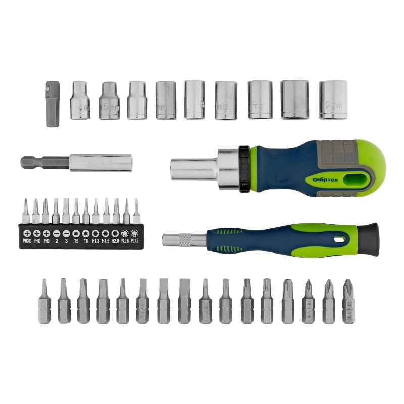 Отвертки реверсивные с набором бит и торцевыми головками, 41 шт, CrV Сибртех (13338)
