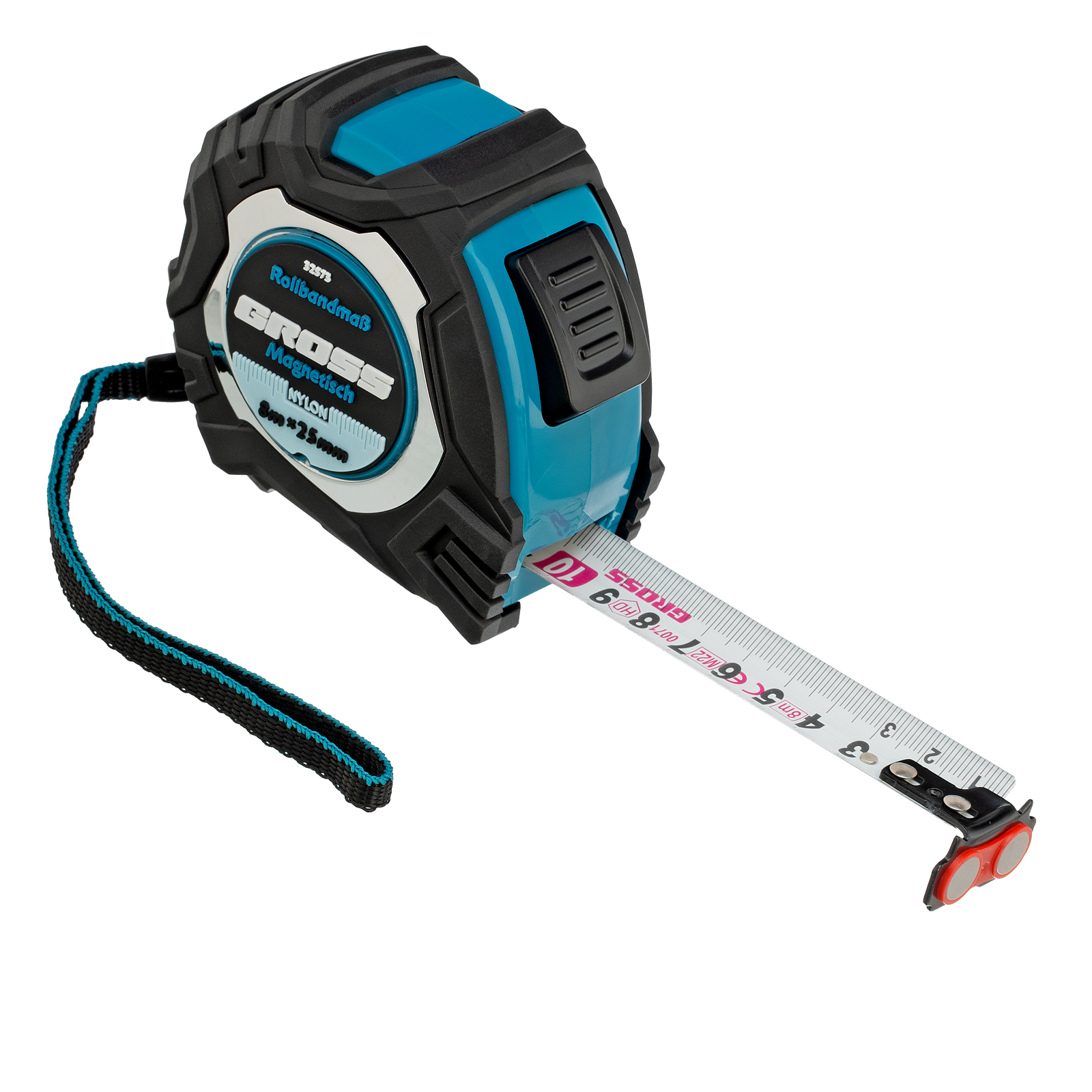 Рулетка Magnetisch 8 м х 25 мм,обрезиненный корпус,автоматическая фиксация,Нейлоновое покрытиеытие,зацеп с магнитом Gross (32573)