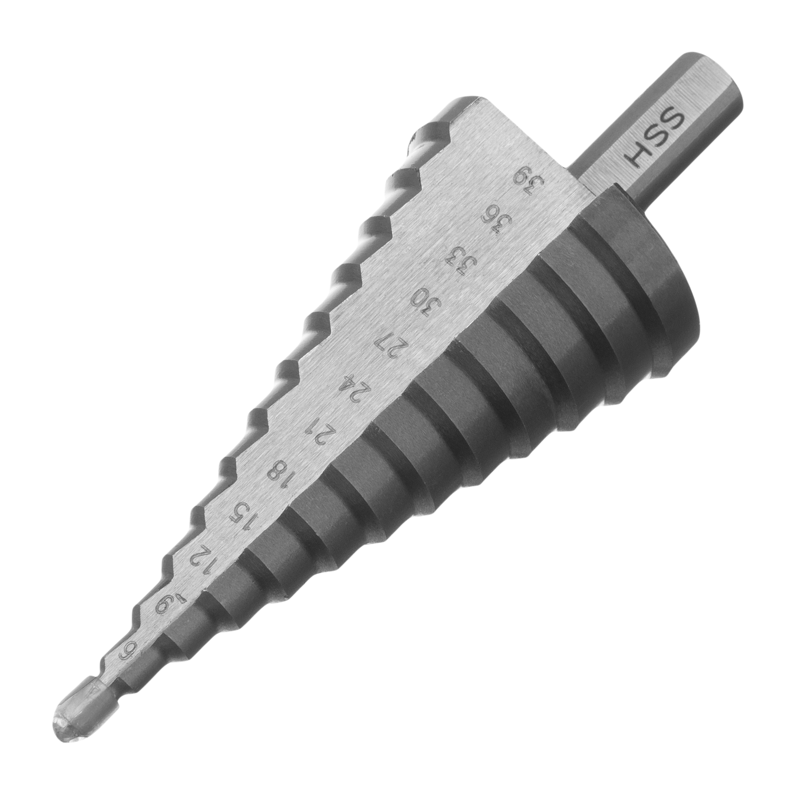 Сверло ступенчатое, 4-6-9-12-15-18-21-24-27-30-33-36-39 мм, Р6М5, трехгранный хвостовик Барс (72363)