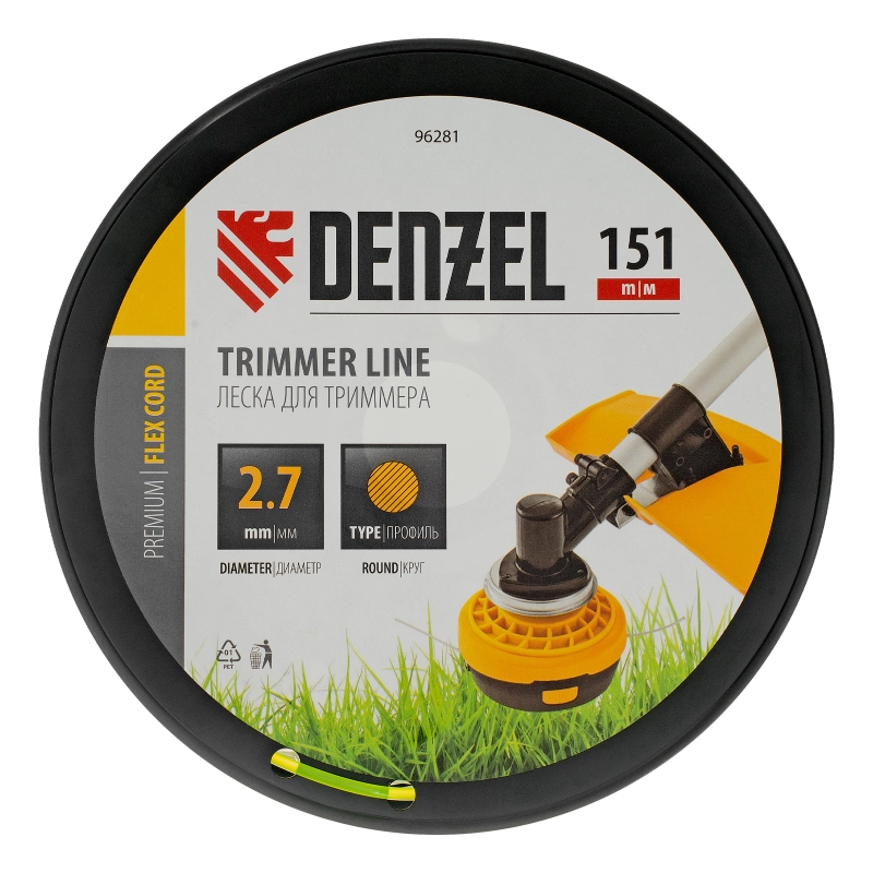 Леска для триммера круглая, 2,7мм х 151м, на DIN катушке FLEX CORD,  Denzel (96281)