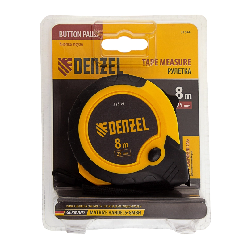 Рулетка 8м х 25мм, двухкомп. корпус, кнопка-пауза Denzel (31544)