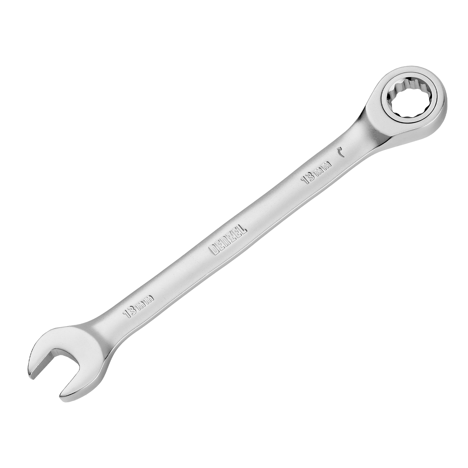 Ключ комбинированный трещоточный, 13 мм, CrV, матовый хром Denzel (14707)