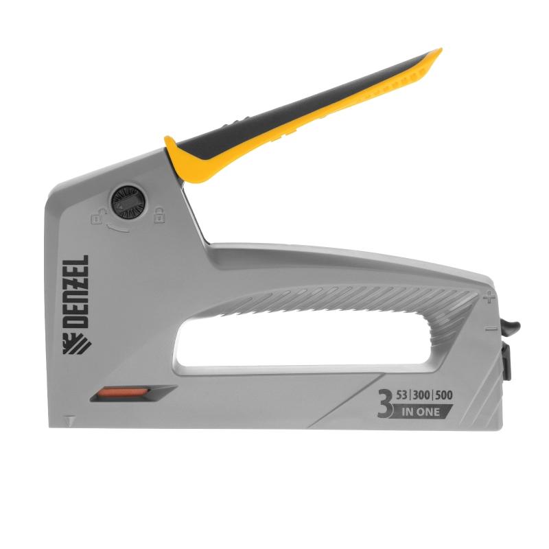 Степлер мебельный, пластиковый корпус, тип 53, 6-14 мм, тип 300, 15 мм, тип 500, 15 мм Denzel (40213)