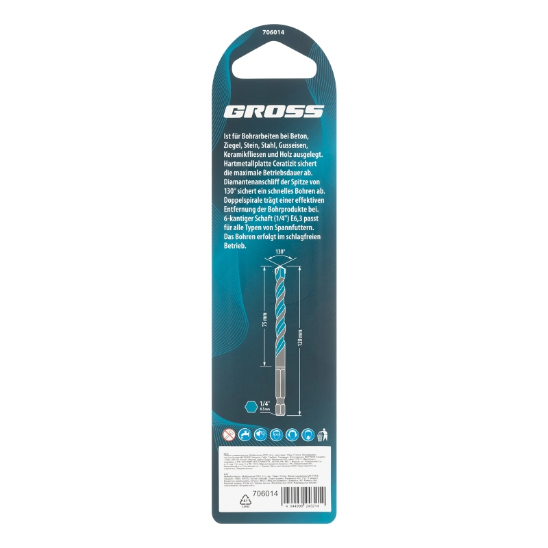 Сверло универсальное, Multipurpose PRO, 6-гр. хвостовик, 10мм Gross (706014)