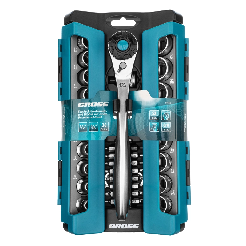 Набор торцевых головок, трещотка 120 зубьев, 1/2",3/8”, CrV, 36 предметов Gross (14145)