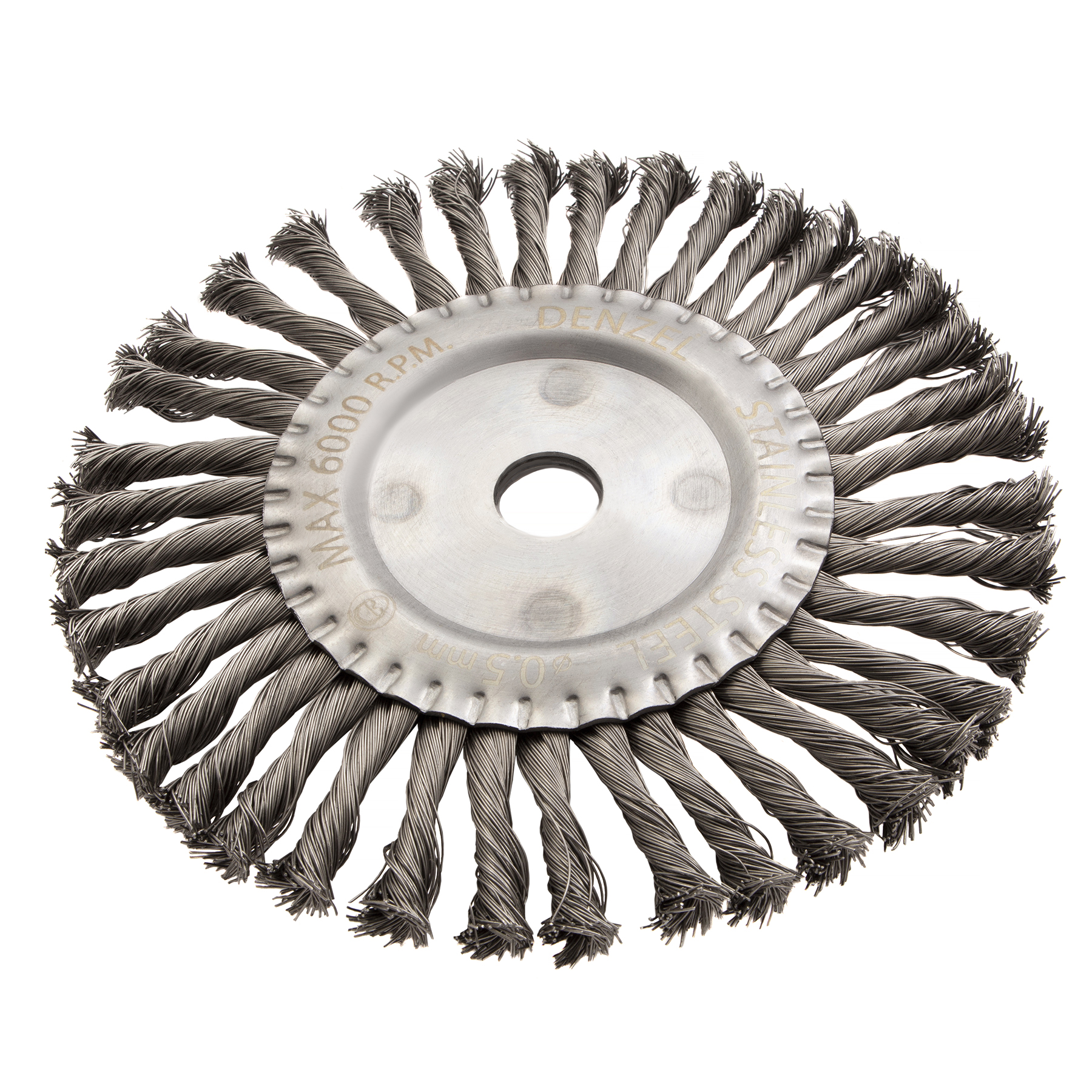 Щетка для УШМ, 200 мм, "Плоская", крученая нержавеющая проволока 0.5 мм, посадка 22.2 мм Denzel (746383)