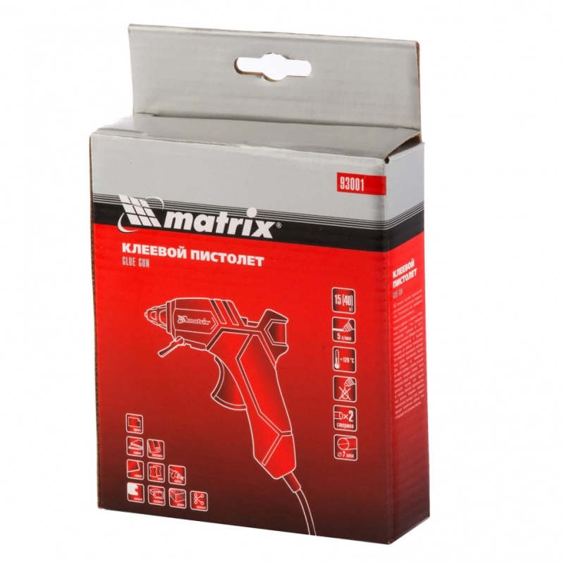 Клеевой пистолет, 7 мм, 15 (40) Вт, 5 г/мин Matrix (93001)