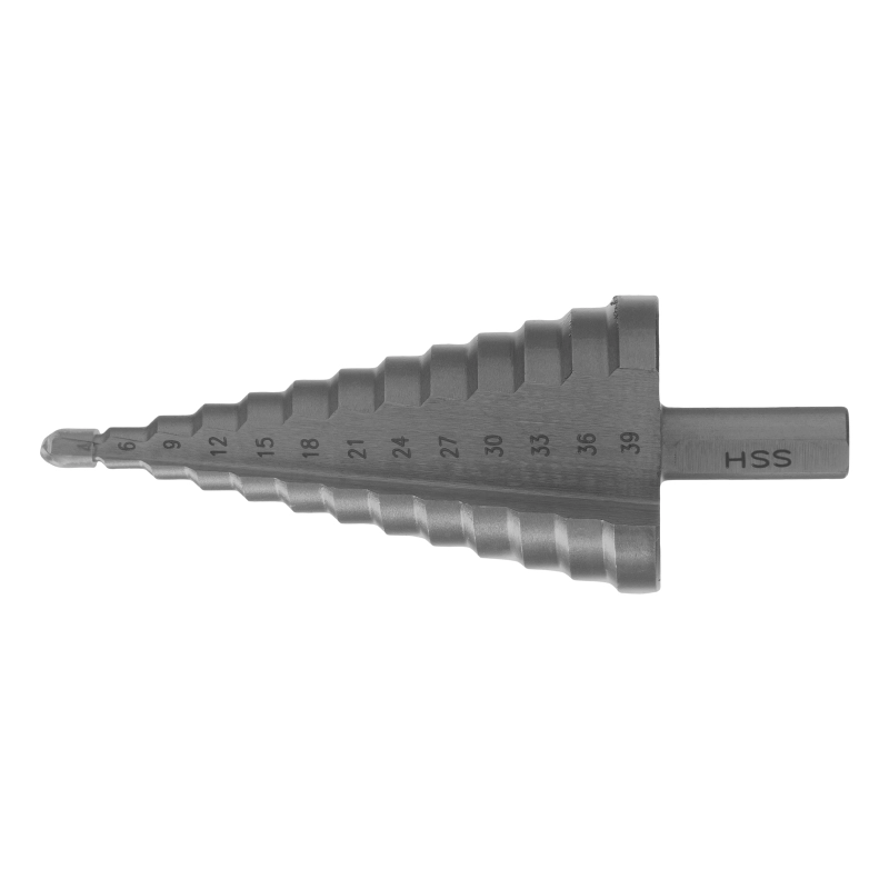 Сверло ступенчатое, 4-6-9-12-15-18-21-24-27-30-33-36-39 мм, Р6М5, трехгранный хвостовик Барс (72363)
