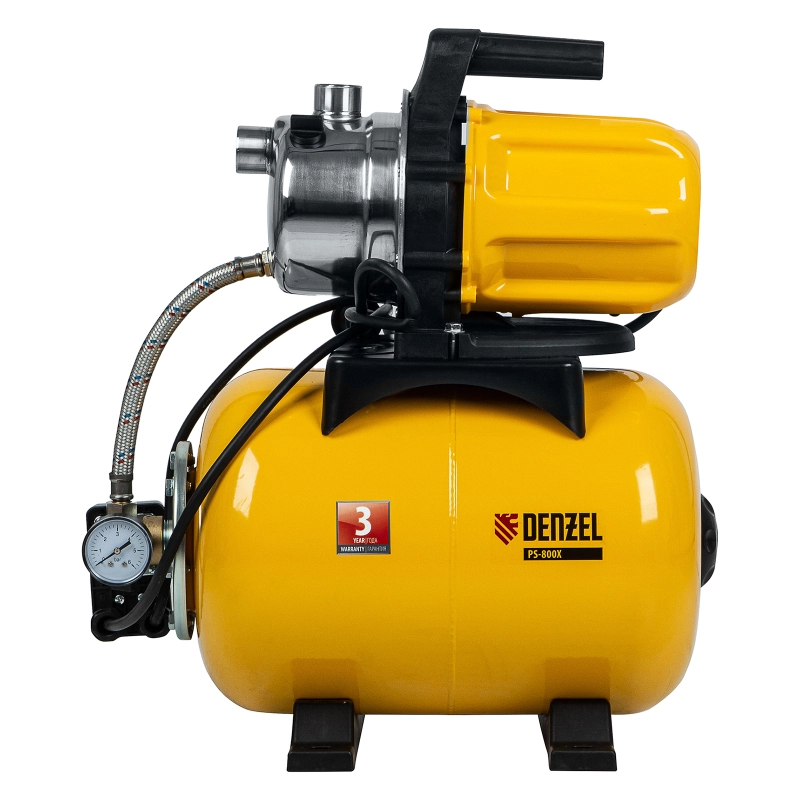 Насосная станция PS800X, 800 Вт, 3200 л/ч, ресивер 24 л, подъем 38 м, нержавейка Denzel (97210)