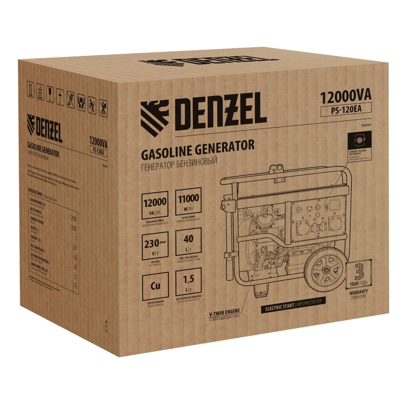 Генератор бензиновый PS-120EA, 12 кВт,230 В, 40л, разъем ATS,эл.старт Denzel (946964)