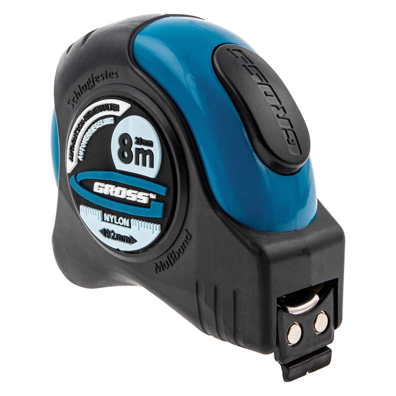 Рулетка "Schlagfest",8 м x 25 мм,магнитный обрезиненный зацеп,двусторонняя шкала,Нейлоновое покрытие,автоматическая фиксация Gross (31114)