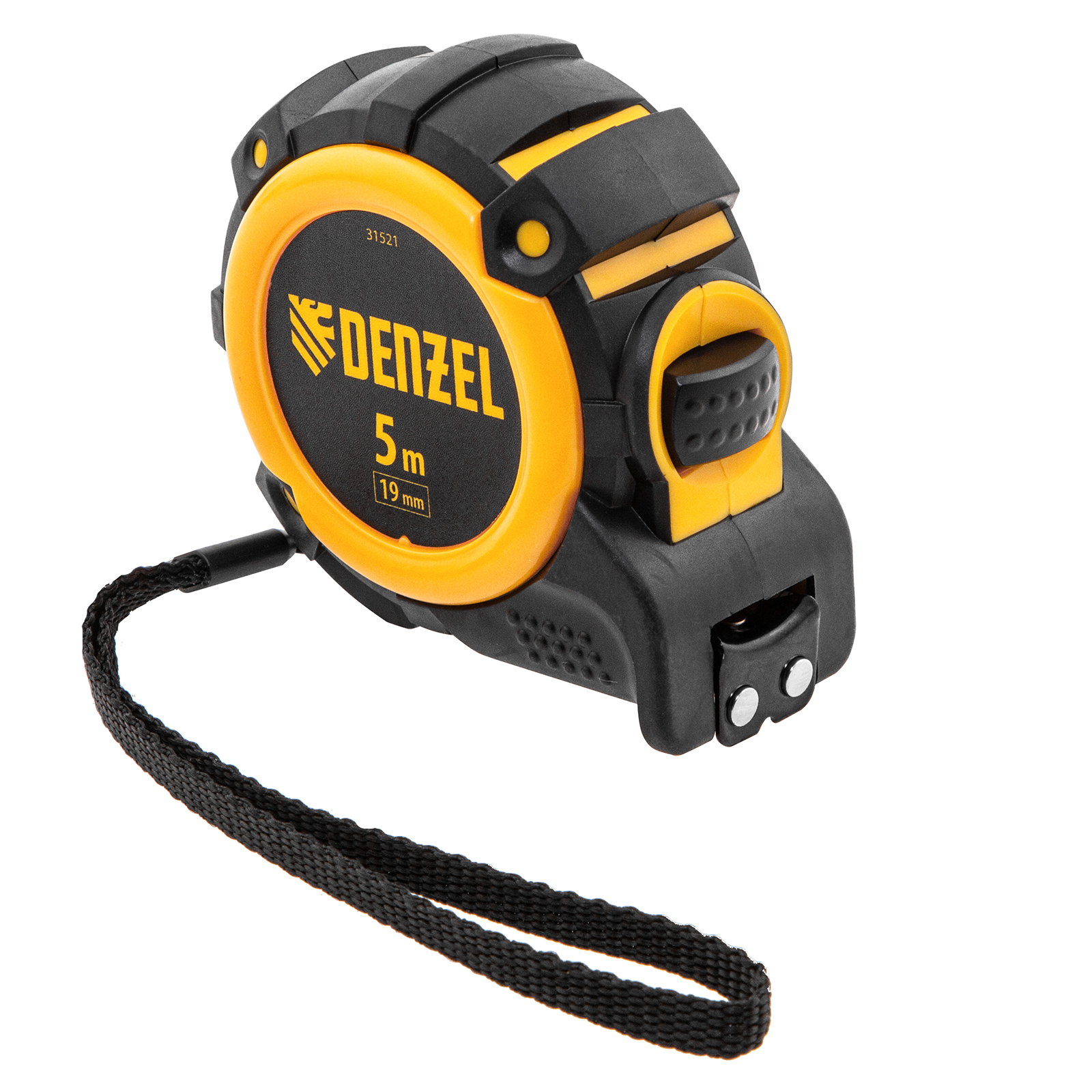 Рулетка 5м х 19мм, автоматич. фиксац., нейлон. покрытие, магнит. зацеп, двухстор. разметка Denzel (31521)