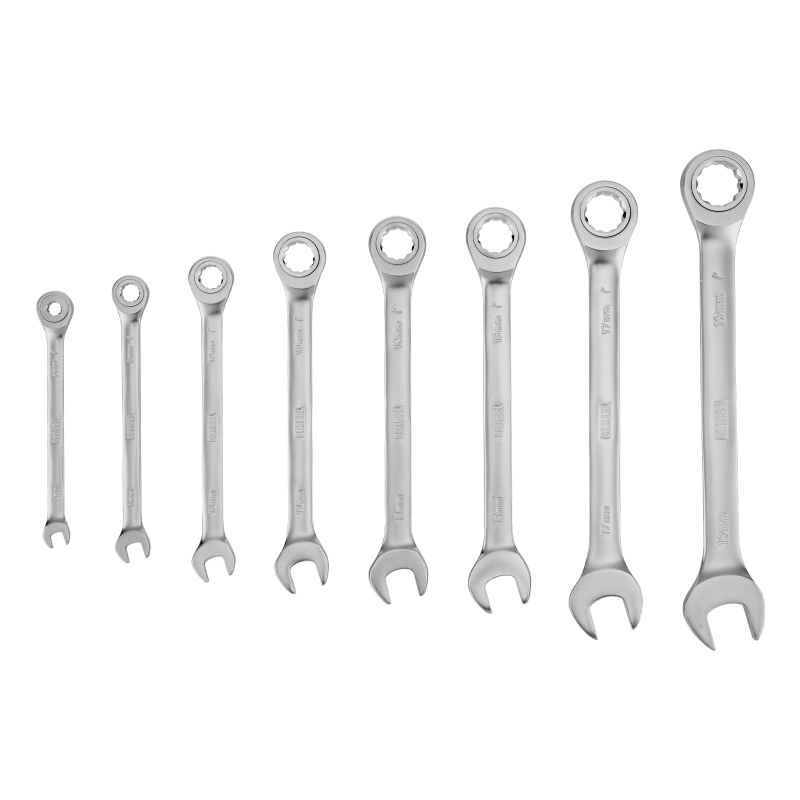 Набор ключей комбинированных трещоточных 6-19 мм, 8 шт., CrV, матовый хром Denzel (14721)