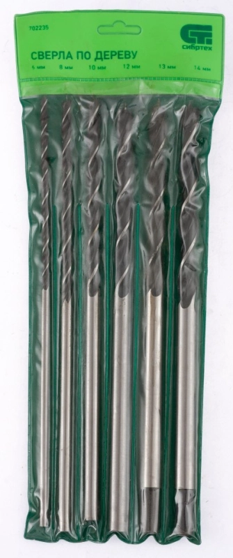 Набор сверл по дереву, 6-8-10-12-13-14 мм, L 300 мм, 6 шт, цилиндрический хвостовик Сибртех (702235)