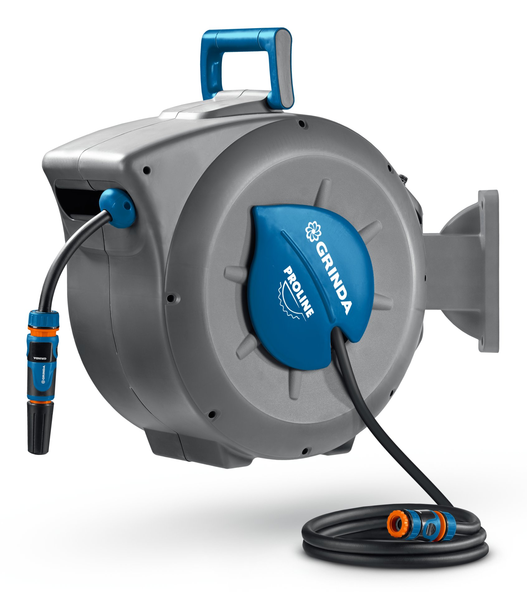 GRINDA HRA-30, шланг 30м x 1/2″, на поворотном кронштейне настенная, поливочный набор 4 предмета, катушка автоматическая со шлангом ProLine (428471)