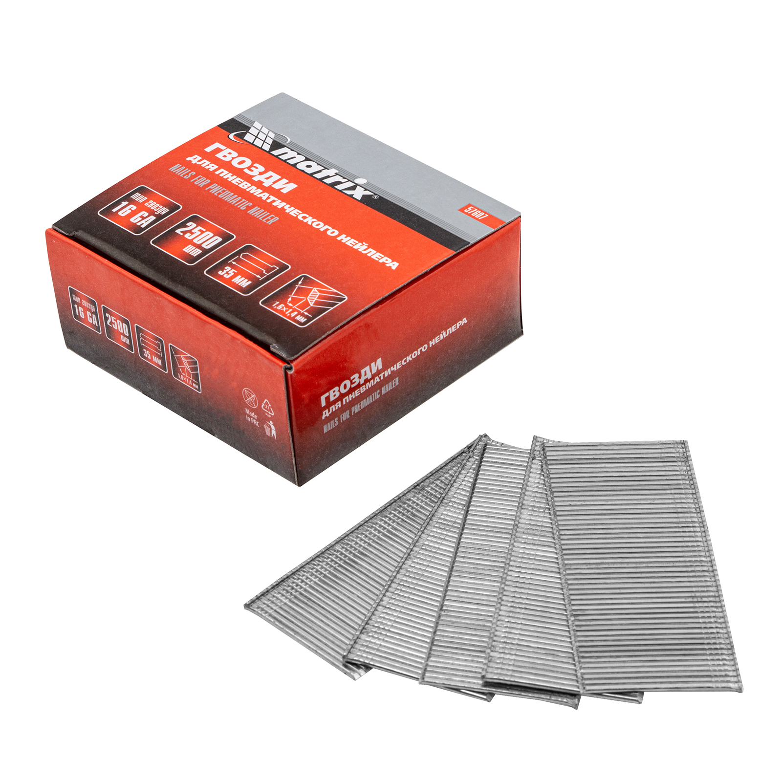 Гвозди для пневматического нейлера 16GA, сечение 1.6 х 1.4, длина 35 мм, 2500 шт Matrix (57607)