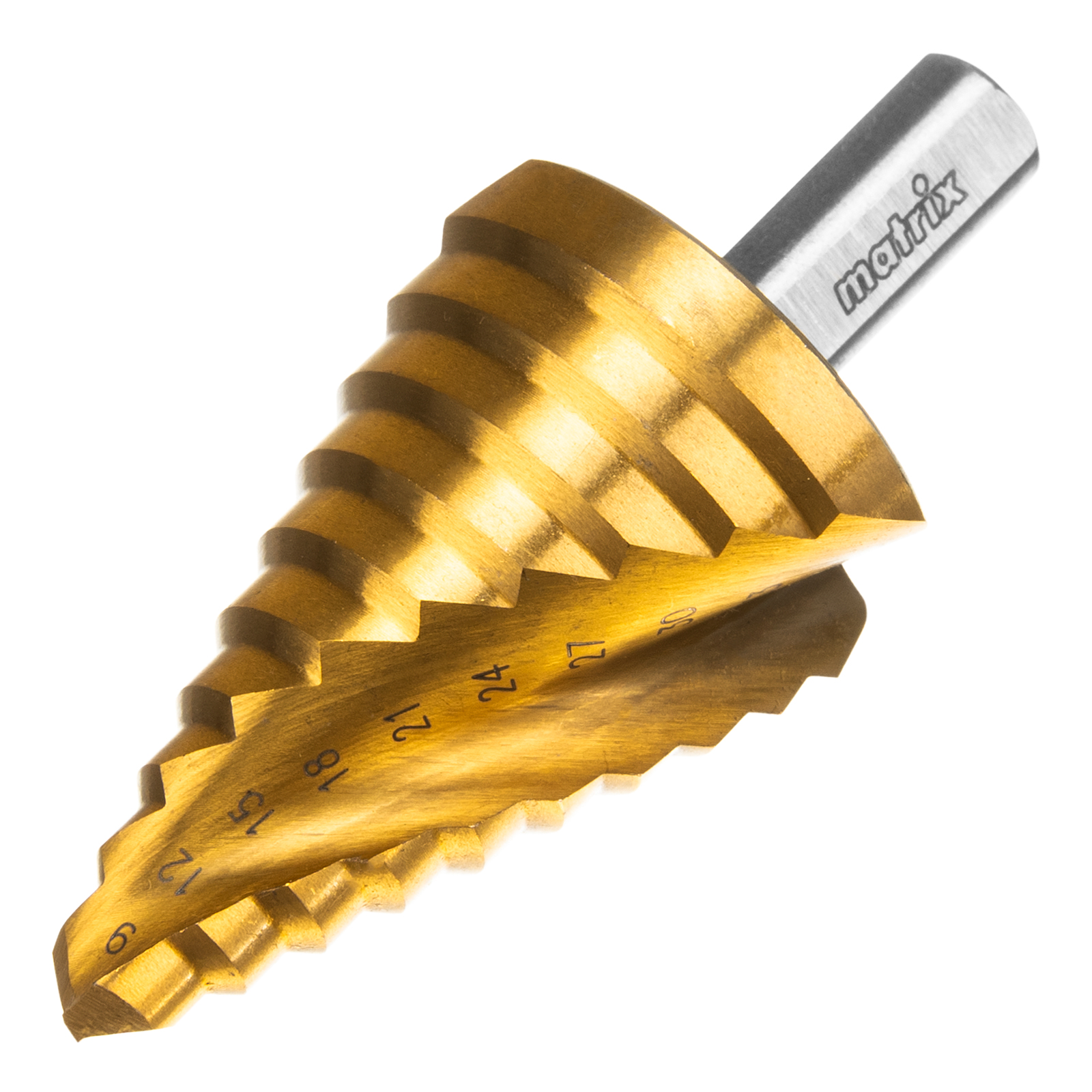 Сверло ступенчатое, 9-12-15-18-21-24-27-30-33-36 мм, HSS, спиральный профиль, трехгранный хвостовик Matrix (72358)