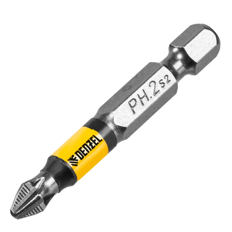 Бита PH2х50, сталь легированная S2, 10 шт., круглый профиль, отрывная упаковка, Е 6,3 Denzel (11679)
