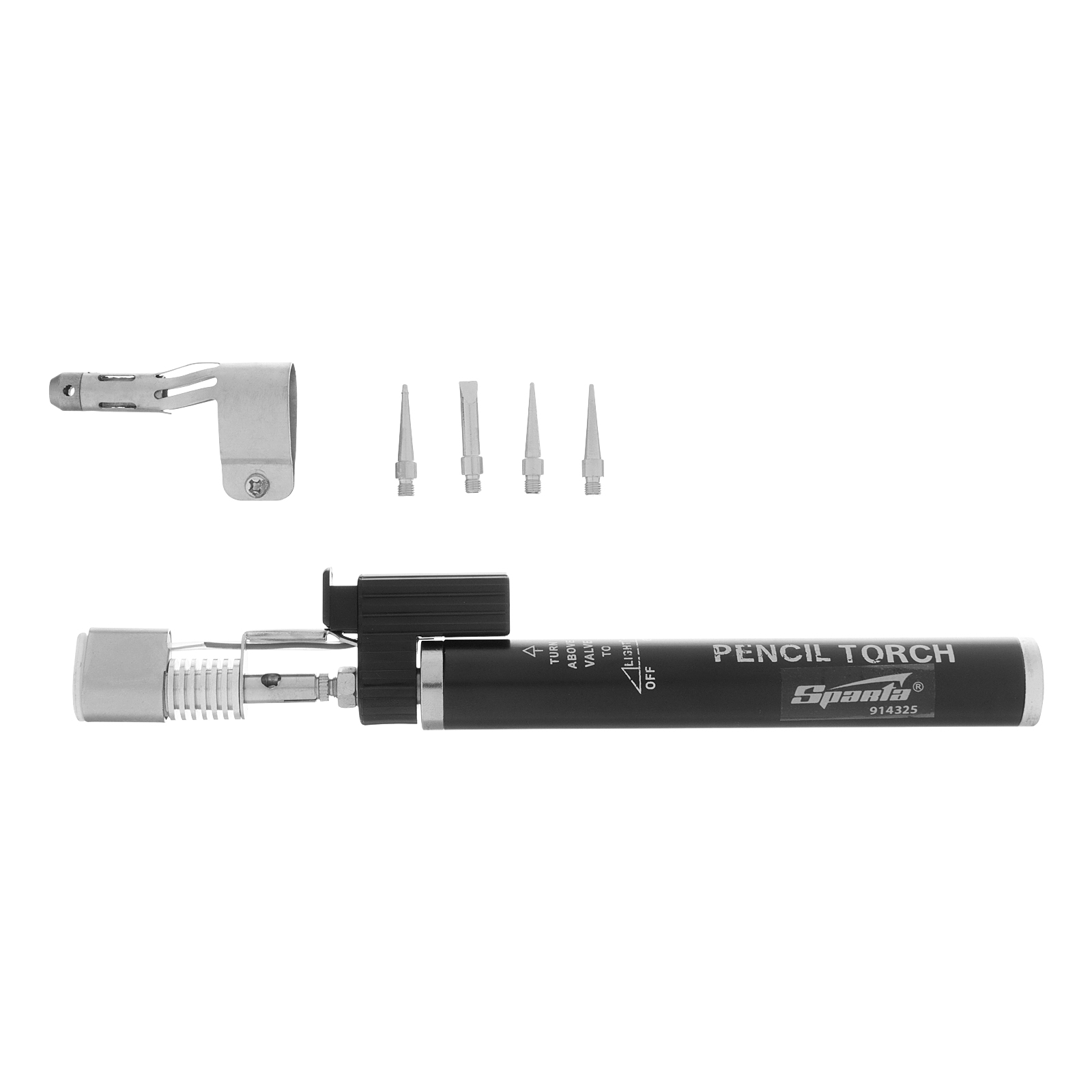 Горелка газовая, тип "Карандаш" c пьезоподжигом + 4 насадки для пайки, 200 мм Sparta (914325)