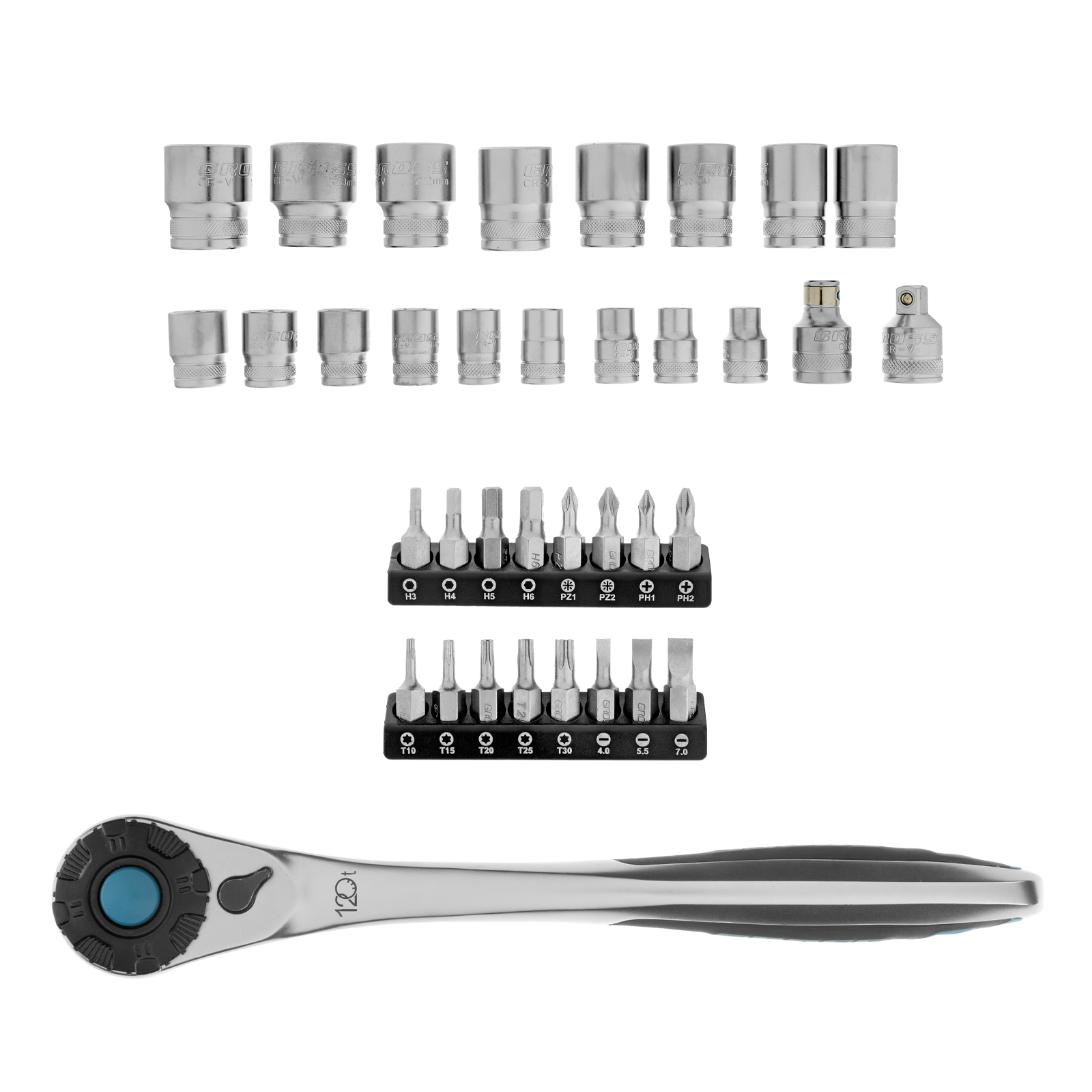 Набор торцевых головок, трещотка 120 зубьев, 1/2", CrV, 36 предметов Gross (14144)