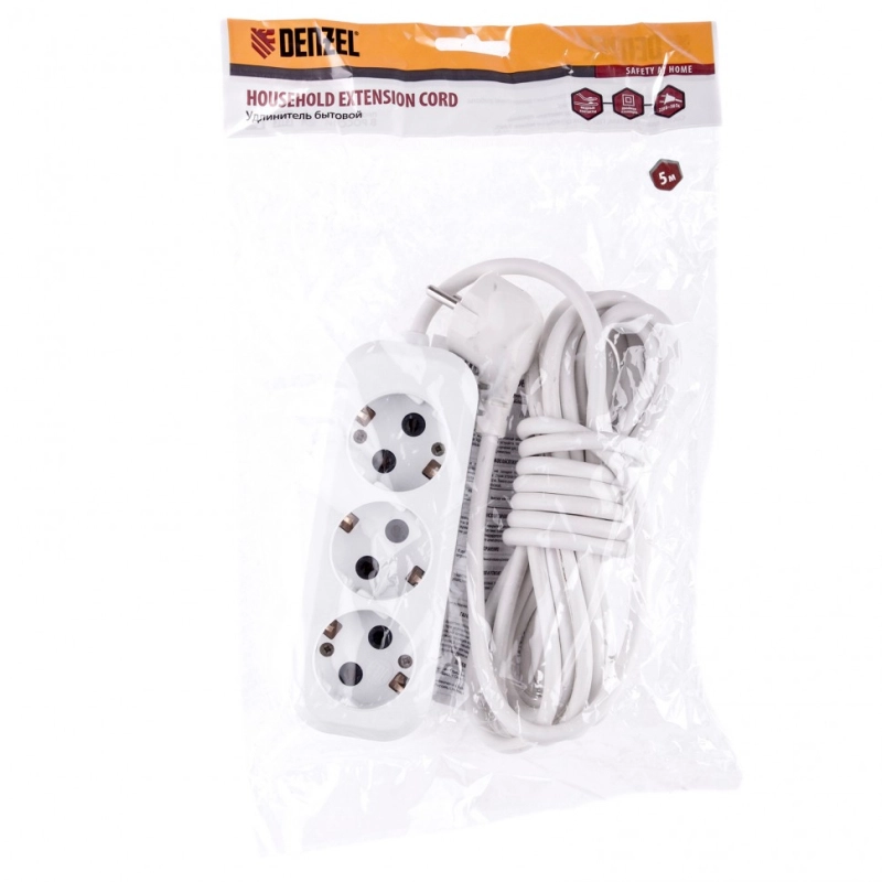 Удлинитель бытовой, серия УХз-10-305, с заземлением, 5 м, 3 розетки, 10 A Denzel (95967)