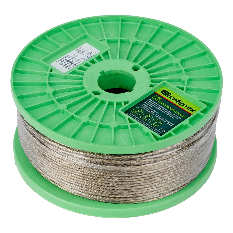 Трос металлополимерный прозрачный ПР-3.0, толщина 3.0 мм, катушка 200 метров Сибртех (47628)