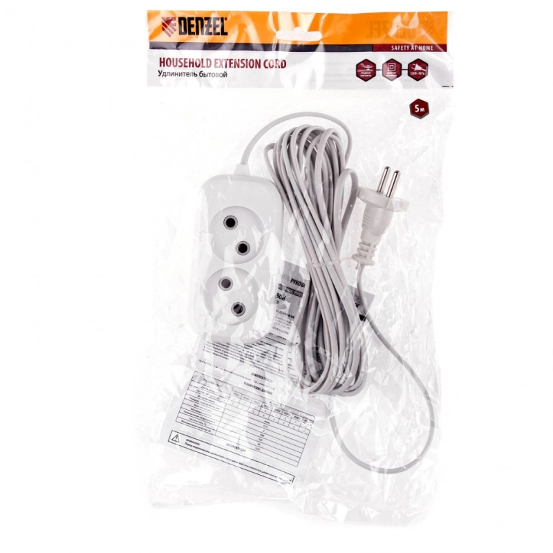 Удлинитель бытовой, без заземления, 5 м, 2 розетки, 6 А, серия УХ6 Denzel (95922)