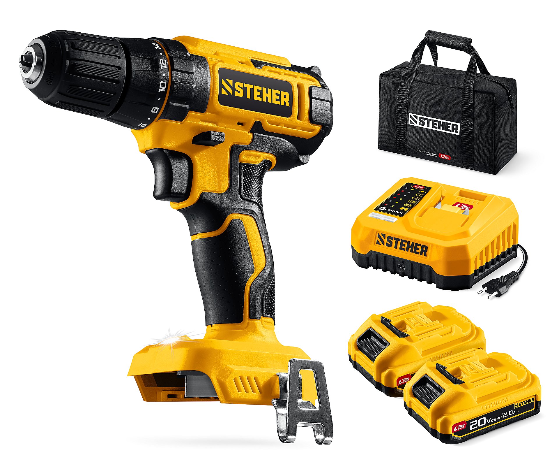 STEHER 20 В, 40 Н·м, 2 АКБ LMS (2 А·ч), дрель-шуруповерт, сумка (CD-40-22)