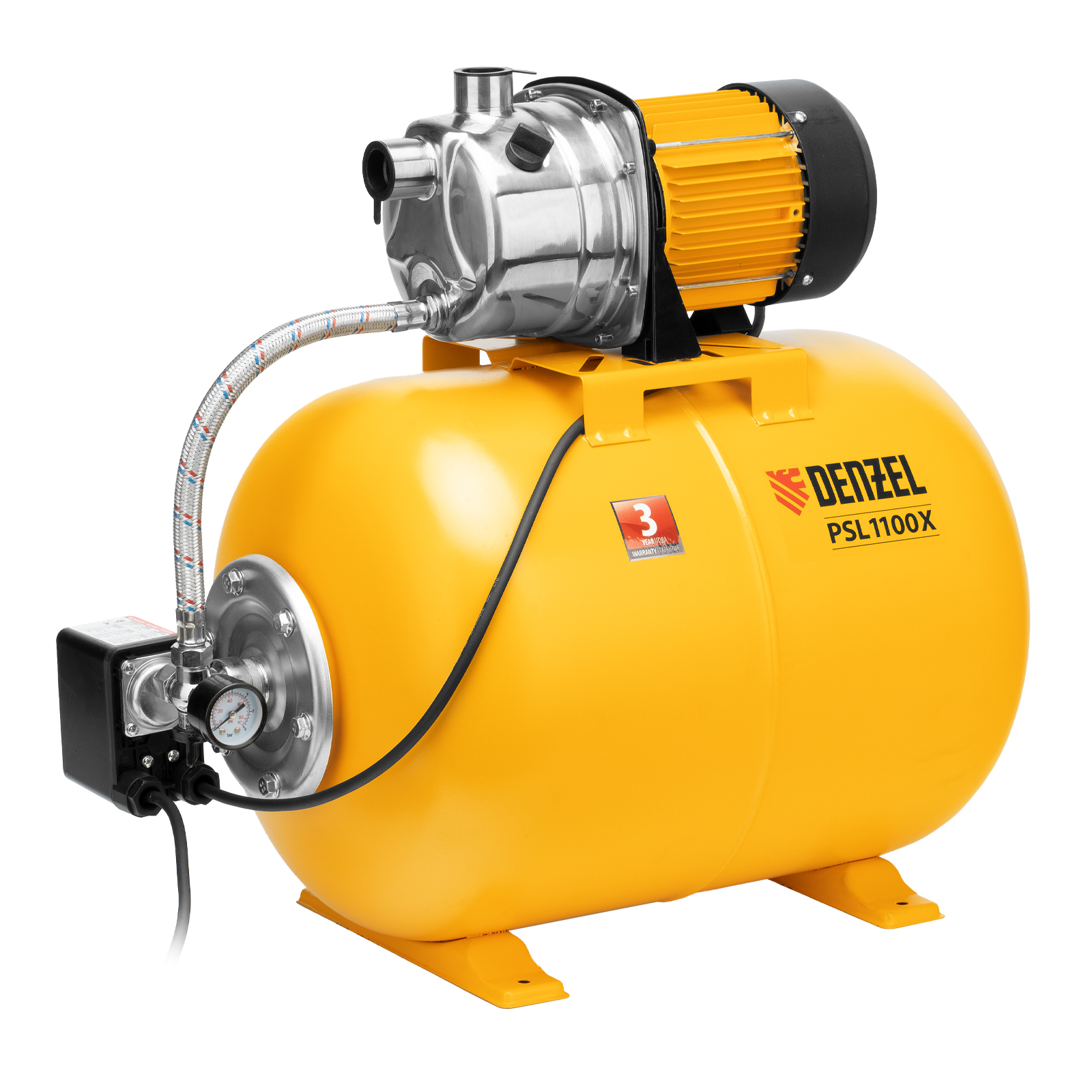 Насосная станция PSL1100X, 1100 Вт, 3600 л/ч, ресивер 50 л, подъем 45 м, нержавейка Denzel (97311)