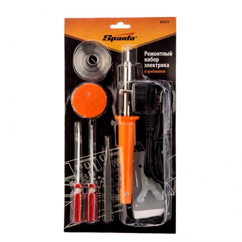 Ремонтный набор электрика 7 предметов: паяльник 30 Вт, припой, флюс, две отвертки, пинцет, подставка Sparta (913111)