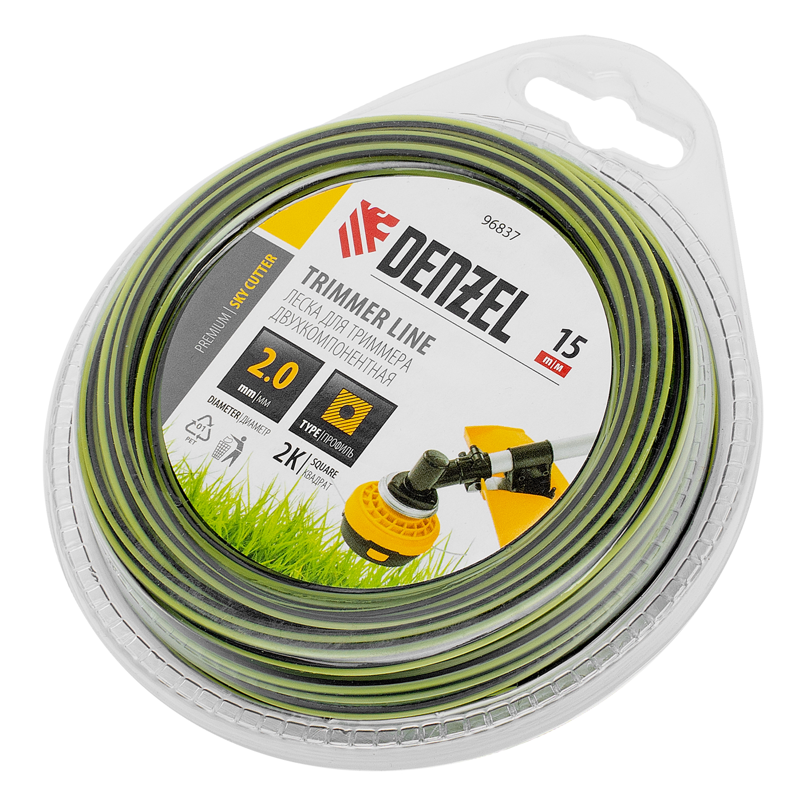 Леска для триммера двухкомпонентная квадратная, 2,0мм х 15м, блистер SkyCutter Denzel (96837)