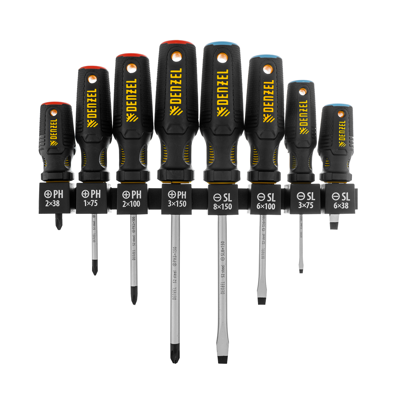 Набор отверток на полке, 8 шт., PH+SL, S2, 3к рукоятка Denzel (122137)