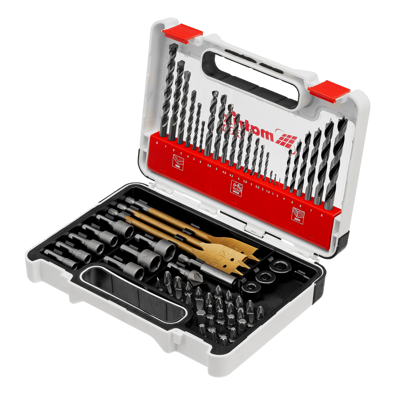 Набор сверл комбинированный, сверла по металлу 1-6 мм, бетону 3-8 мм, дереву 3-8 мм, перовые 16,20,22 мм, биты 30 шт, адаптер, головки 8 шт, 71 предмет Pro Matrix (725671)