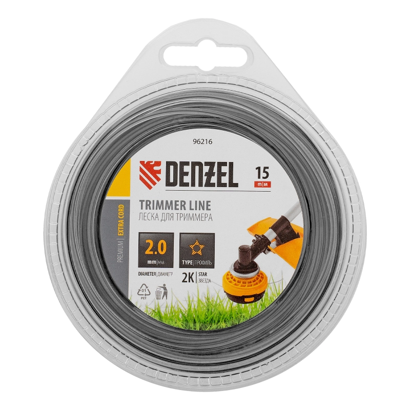 Леска для триммера двухкомпонентная звезда, 2,0мм х 15м,  FLEX CORD, DENZEL (96216)