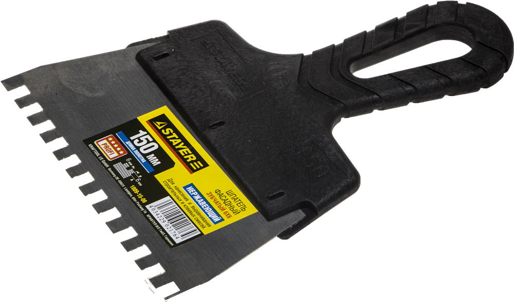 STAYER PROFlat, 150 мм, зуб 6 х 6 мм, пластиковая ручка, зубчатый, нержавеющий фасадный шпатель, Professional (1009-15-06)