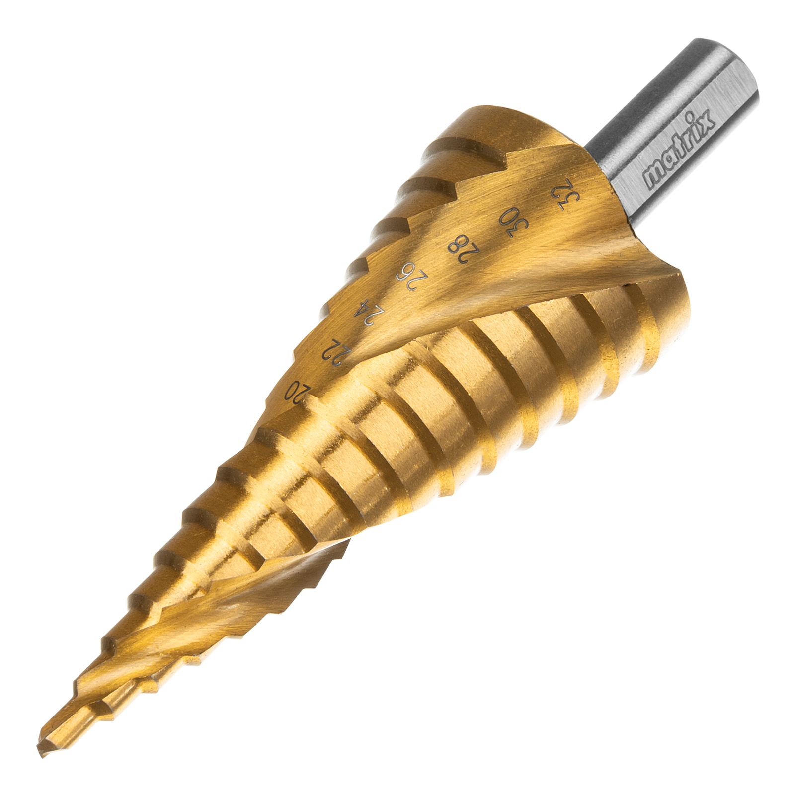 Сверло ступенчатое, 4-6-8-10-12-14-16-18-20-22-24-26-28-30-32 мм, HSS, спиральный профиль, трехгранный хвостовик Matrix (72359)