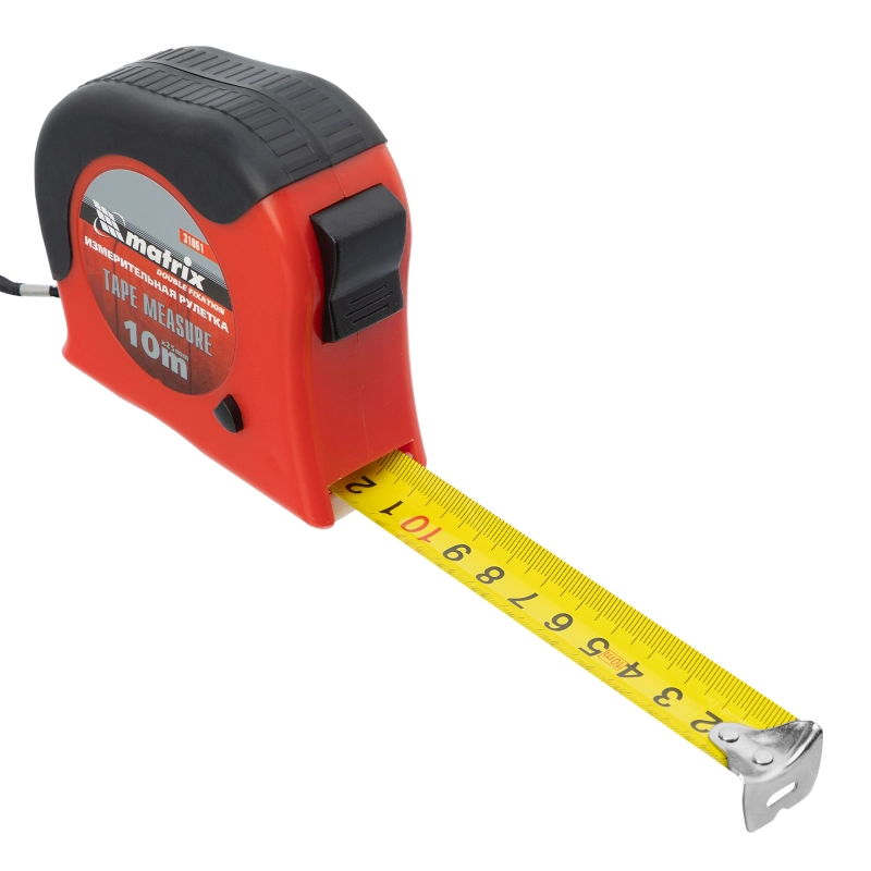 Рулетка Double fixation,10 м х 25 мм,обрезиненный корпус,двойная плавная фиксация Matrix (31061)