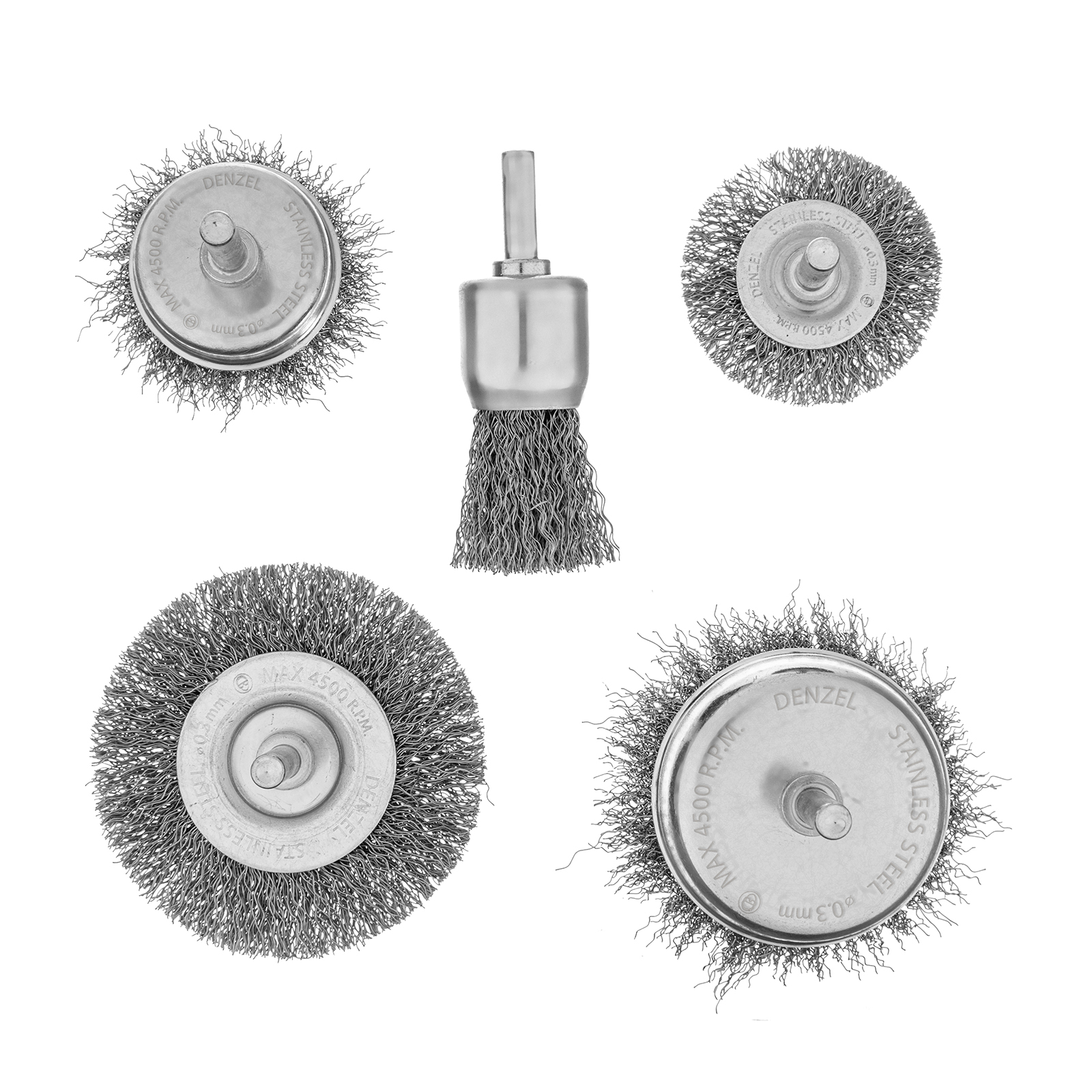 Набор щеток для дрели, 2 Плоские 50-75мм, 3 Чашки 25-50-75мм, шпилька,  нерж.вит. проволока Denzel (74493)
