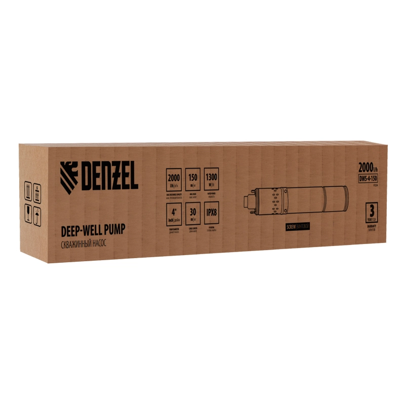 Скважинный насос DWS-4-150, винтовой, диаметр 4", 1300 Вт, 2000 л/ч, напор 150 м Denzel (97254)
