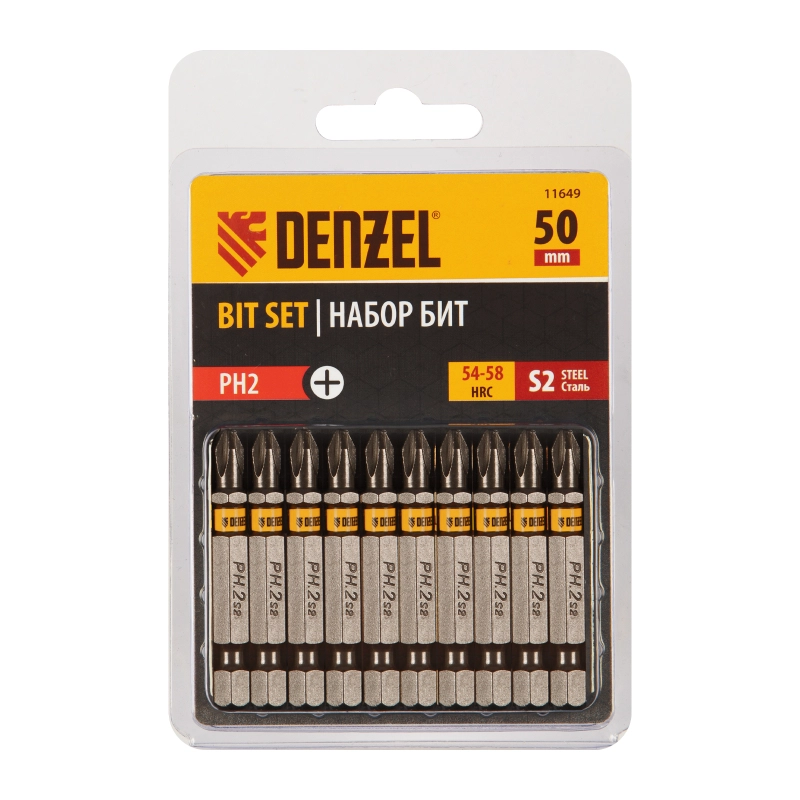 Бита PH2х50, сталь S2, шестигранный профиль, 10 шт. Е 6,3 Denzel (11649)