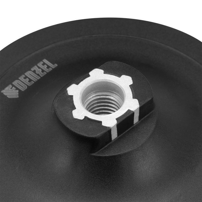 Тарелка опорная для дрели и УШМ с липучкой, 150 мм, стандартная, с адаптером c М14 на d8 Denzel (76252)