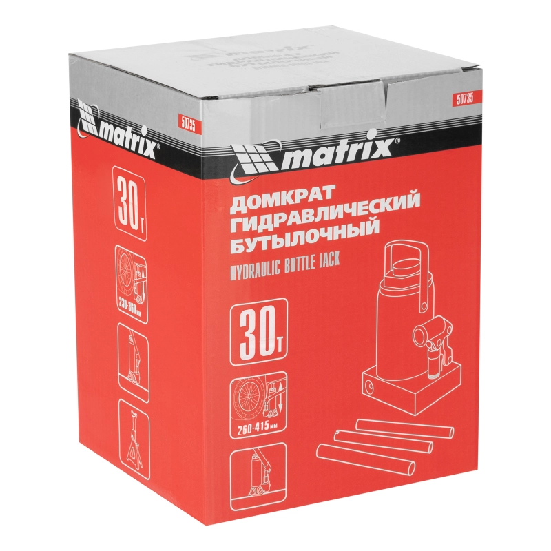 Домкрат гидравлический бутылочный, 30 т, высота подъема 260-415 мм Matrix (50735)
