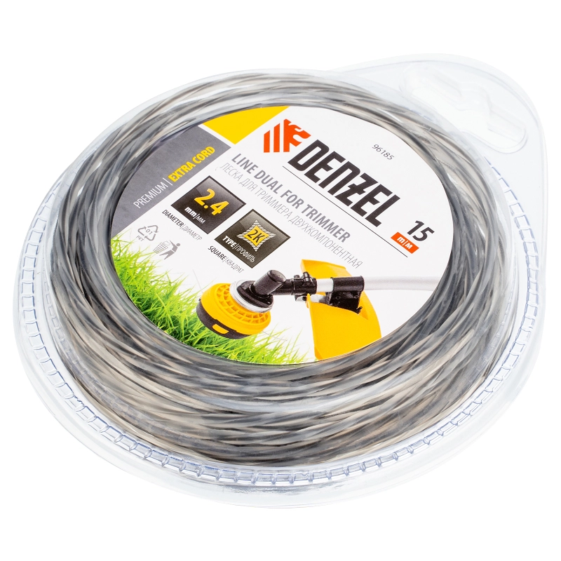 Леска двухкомпонентная для триммера квадратная витая, 2.4 мм х 15 м, EXTRA CORD Denzel (96185)