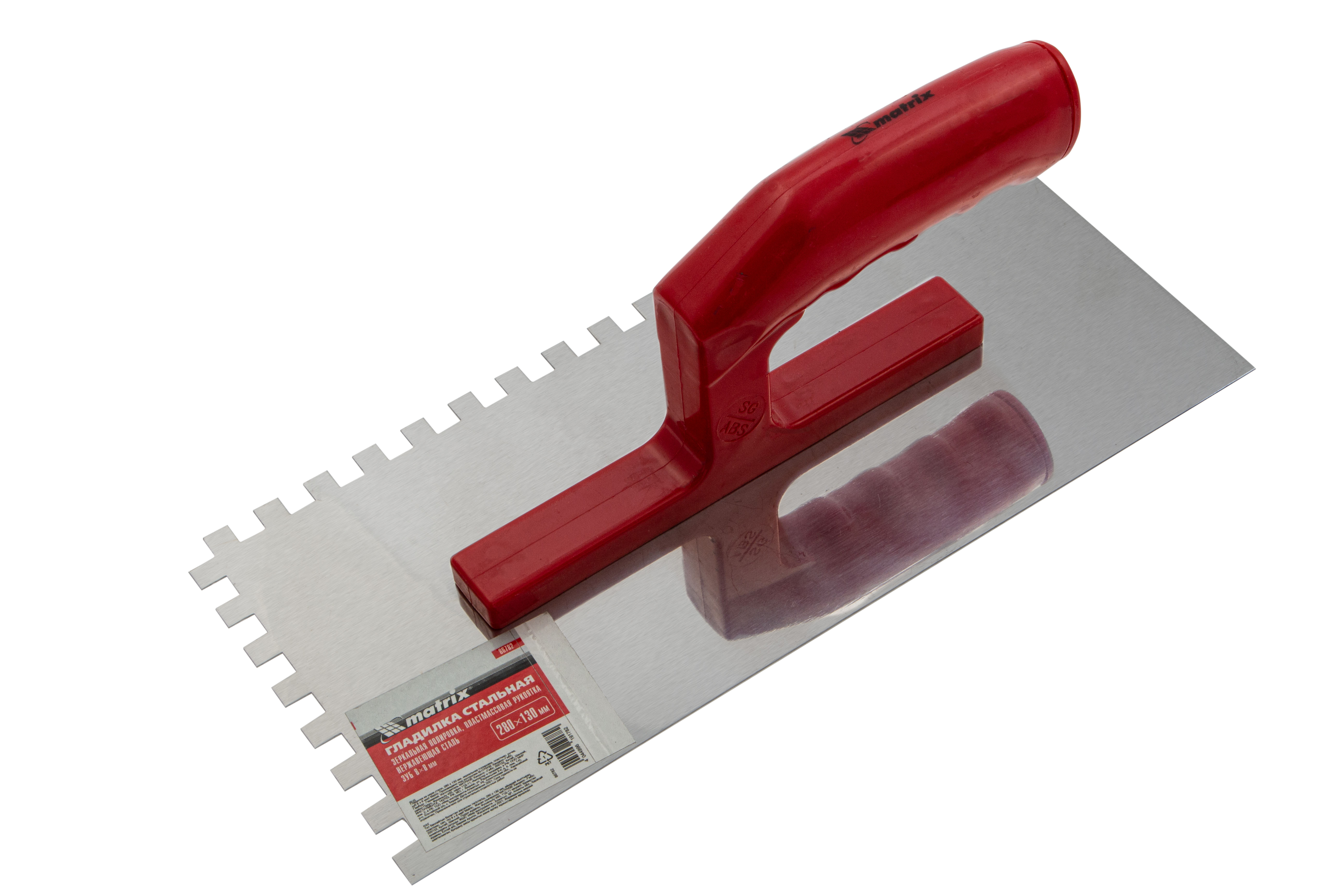 Гладилка из нержавеющей стали, 280 х 130 мм, зеркальная полировка, пластмассовая ручка, зуб 8 х 8 мм Matrix (86782)