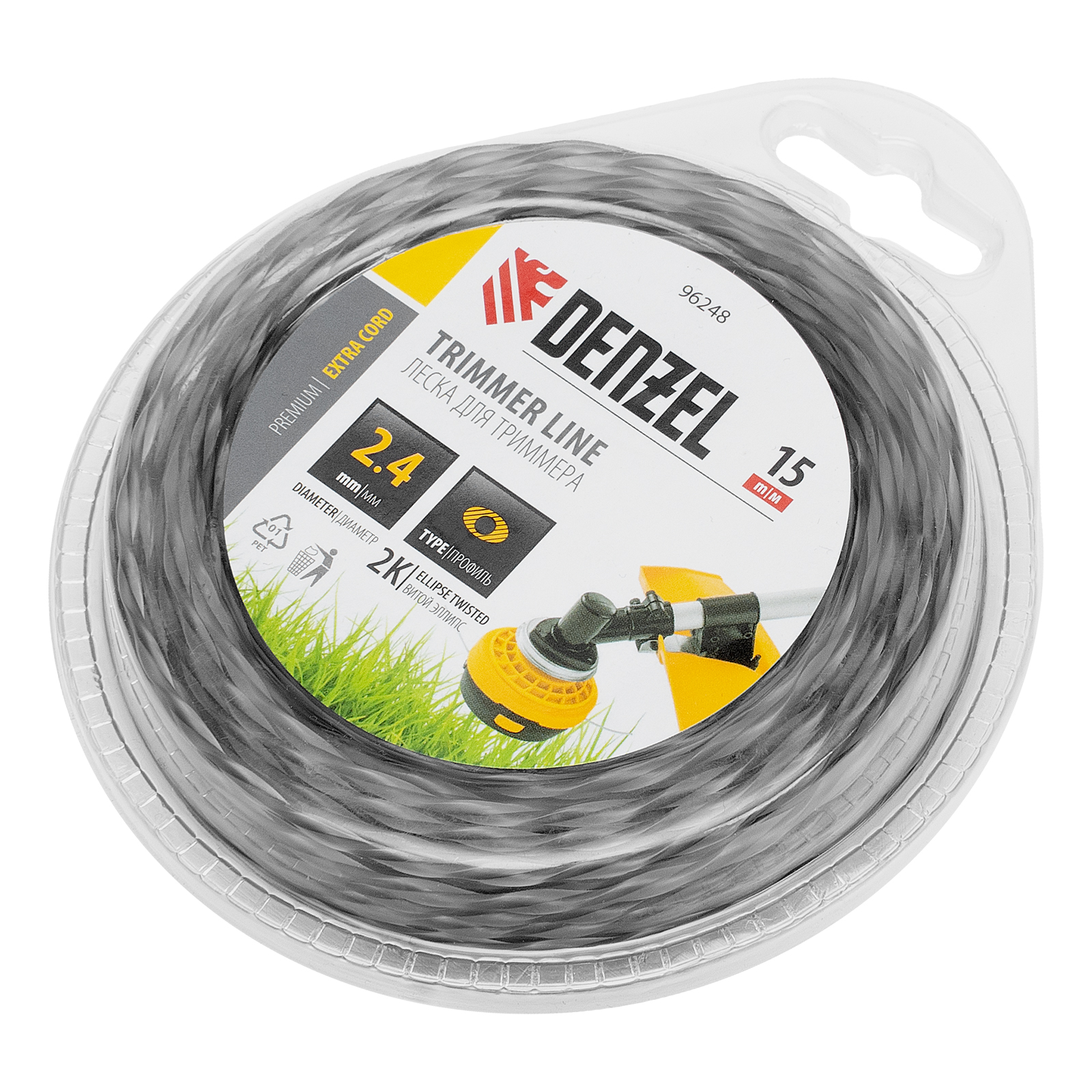 Леска для триммера двухкомпонентная эллипс 2,4мм х 15м, блистер EXTRA CORD,  Denzel (96248)