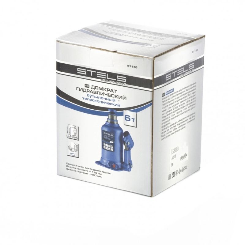 Домкрат гидравлический бутылочный телескопический, 6 т, подъем 170-430 мм Stels (51146)