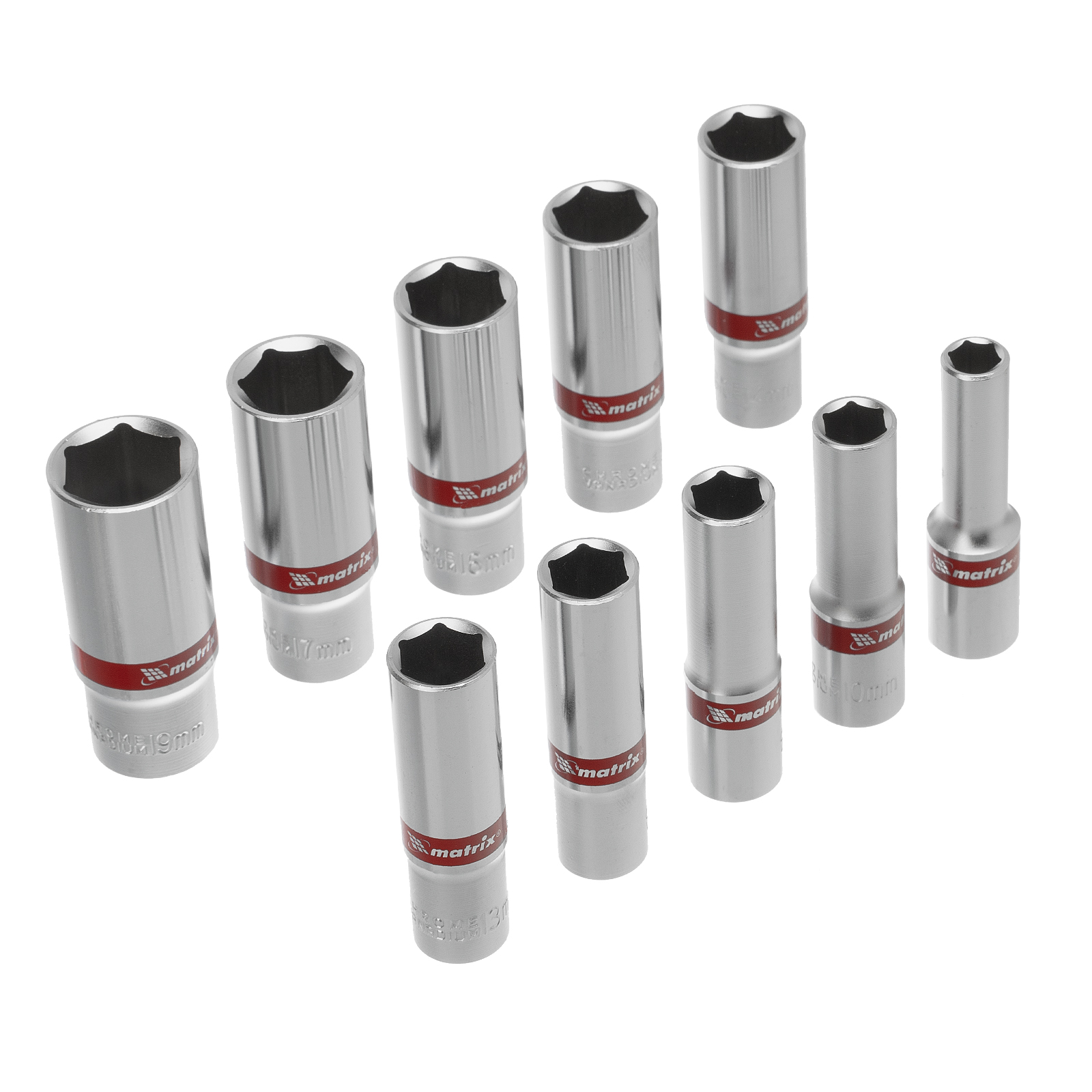 Набор удлиненных торцевых головок 3/8", 6 гранные, CrV, 8-19мм, 10 штук Matrix (13591)