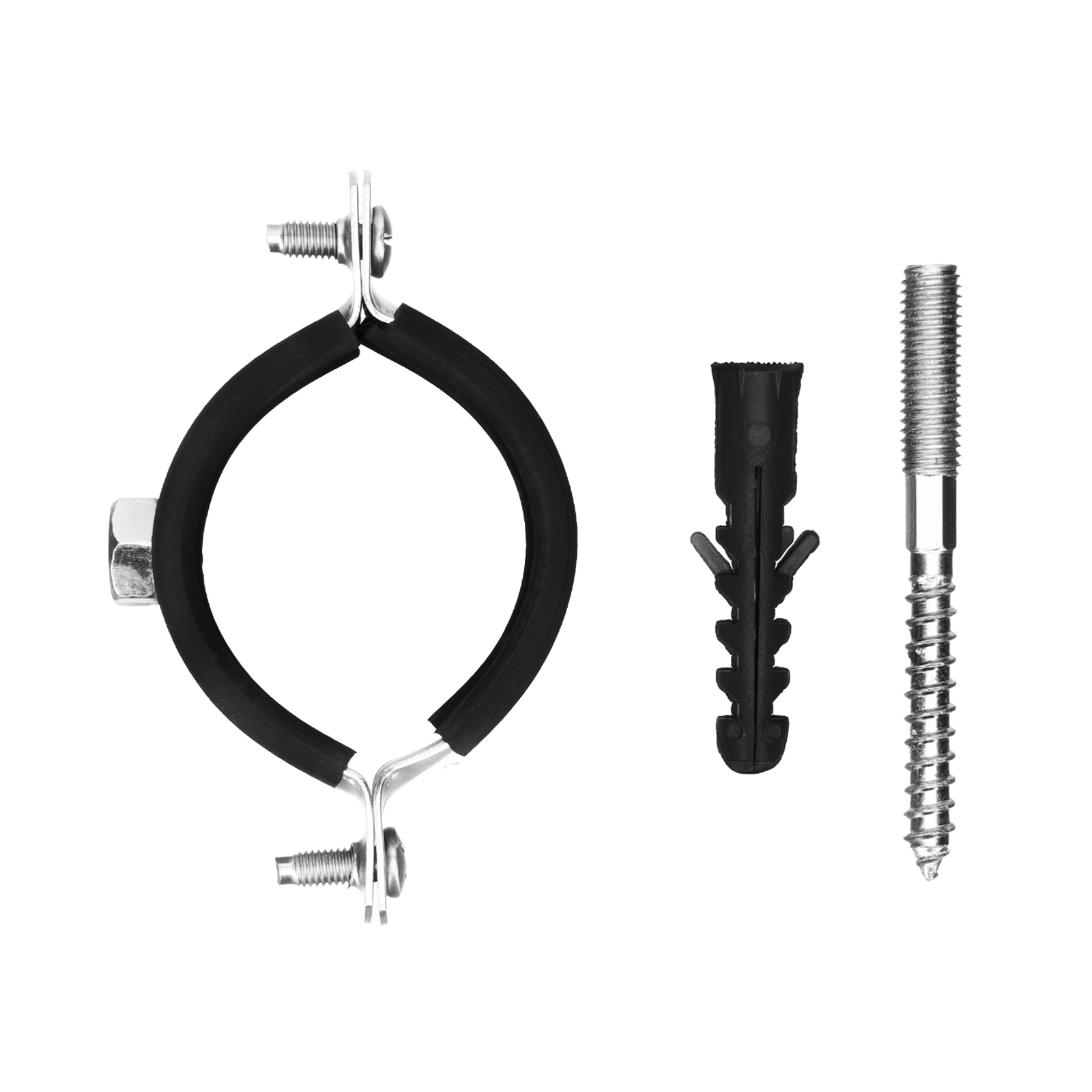 Хомут сантехнический для труб 47-51 (1 1/2") с резиновым уплотнением, шпилькой и дюбелем, 1 шт, Сибртех (481683)