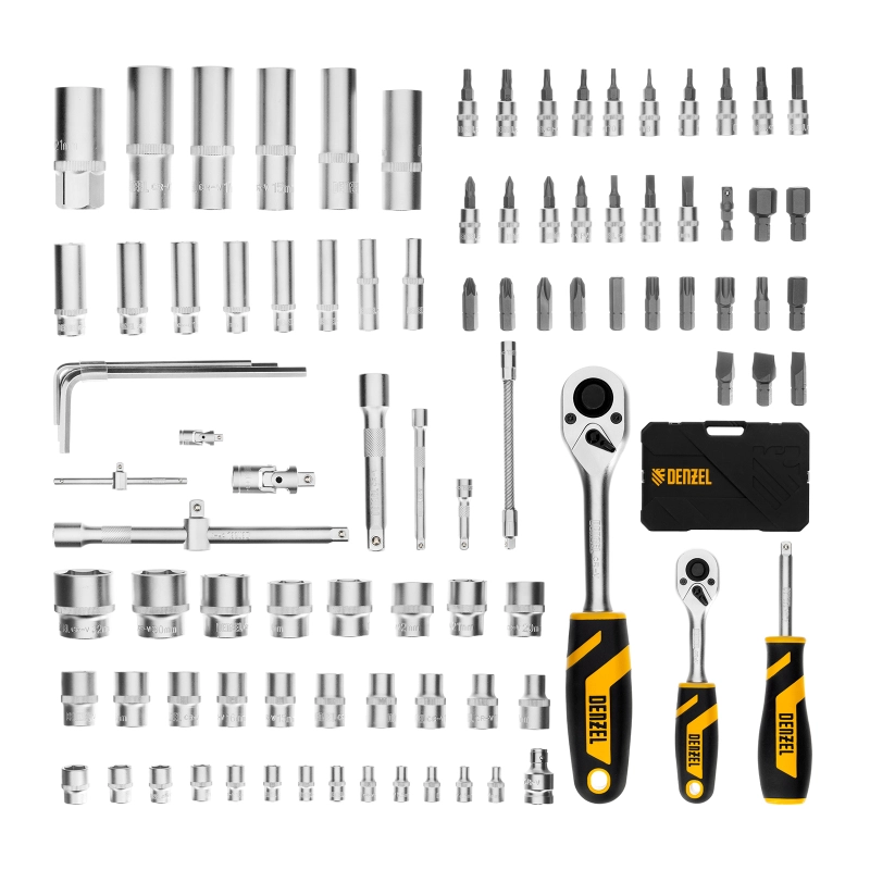 Набор инструментов, 1/2", 1/4", CrV, S2, пластиковый кейс, 94 предмета Denzel (15813)